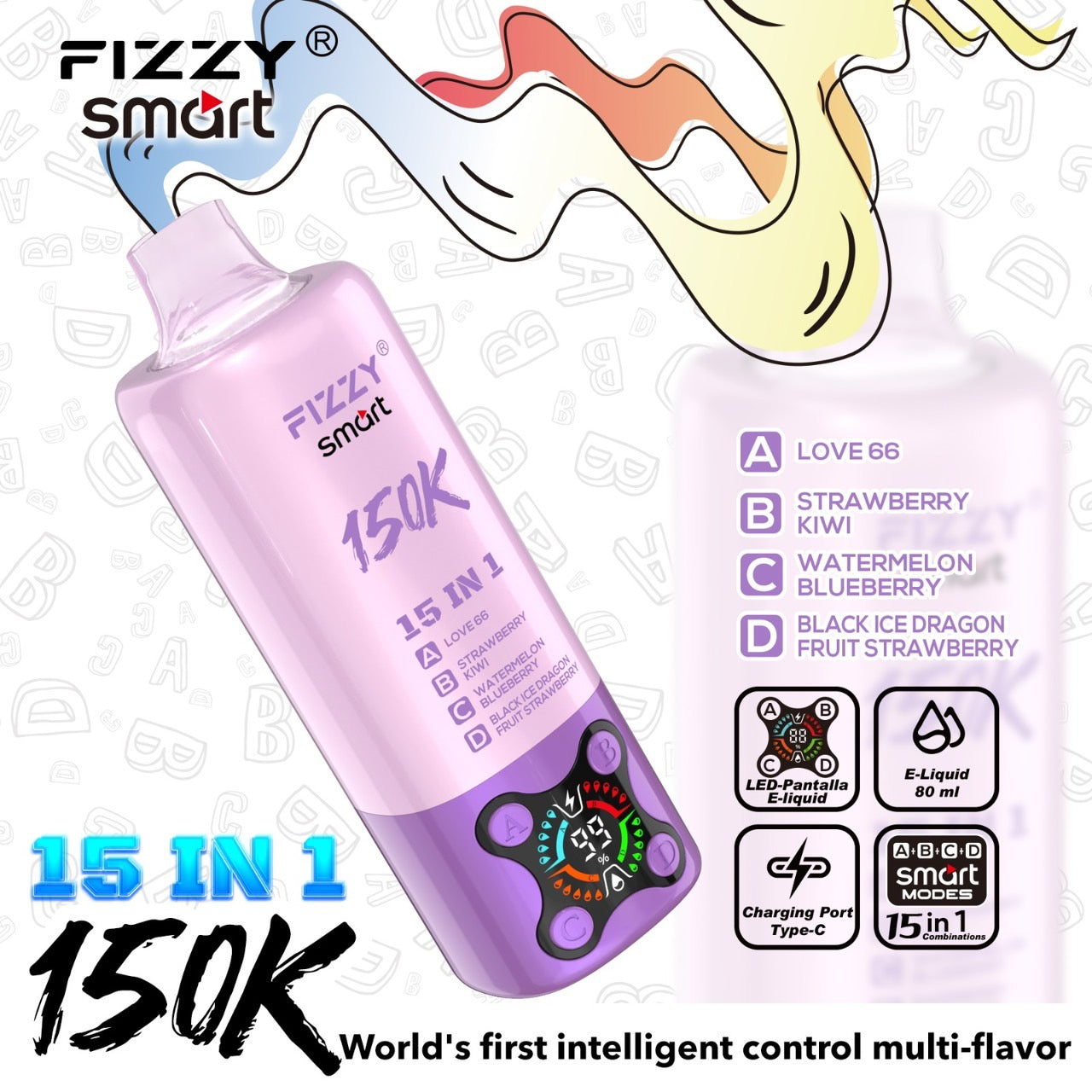 Fizzy smart 150000Puffs(15in1) – (LOVE66 × ストロベリーキウイ × ウォーターメロンブルーベリー × ブラックアイスドラゴンフルーツストロベリー)
