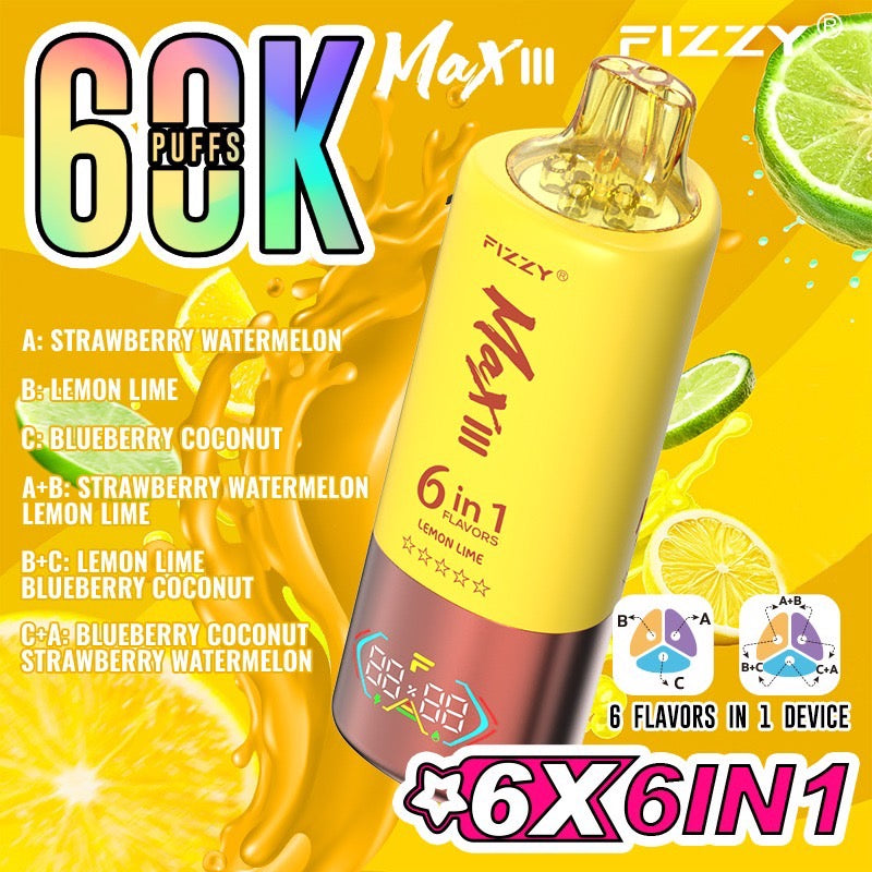 Fizzy Max III 60000 Puffs(6in1) – (ストロベリーウォーターメロン × レモンライム × ブルーベリーココナッツ)