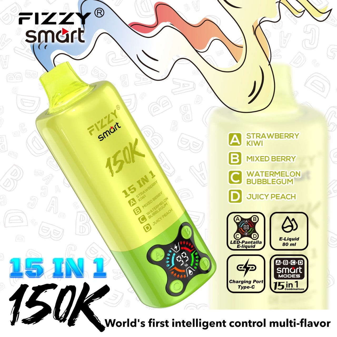 Fizzy smart 150000Puffs(15in1) – (ストロベリーキウイ × ミックスベリー × ウォーターメロンバブルガム × ジューシーピーチ)