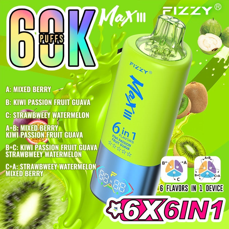 Fizzy Max III 60000 Puffs(6in1) – (ミックスベリー × キウイパッションフルーツグアバ × ストロベリーウォーターメロン)