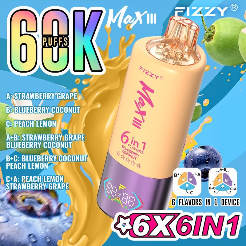 Fizzy Max III 60000 Puffs(6in1) – (ストロベリーグレープ × ブルーベリーココナッツ × ピーチレモン)