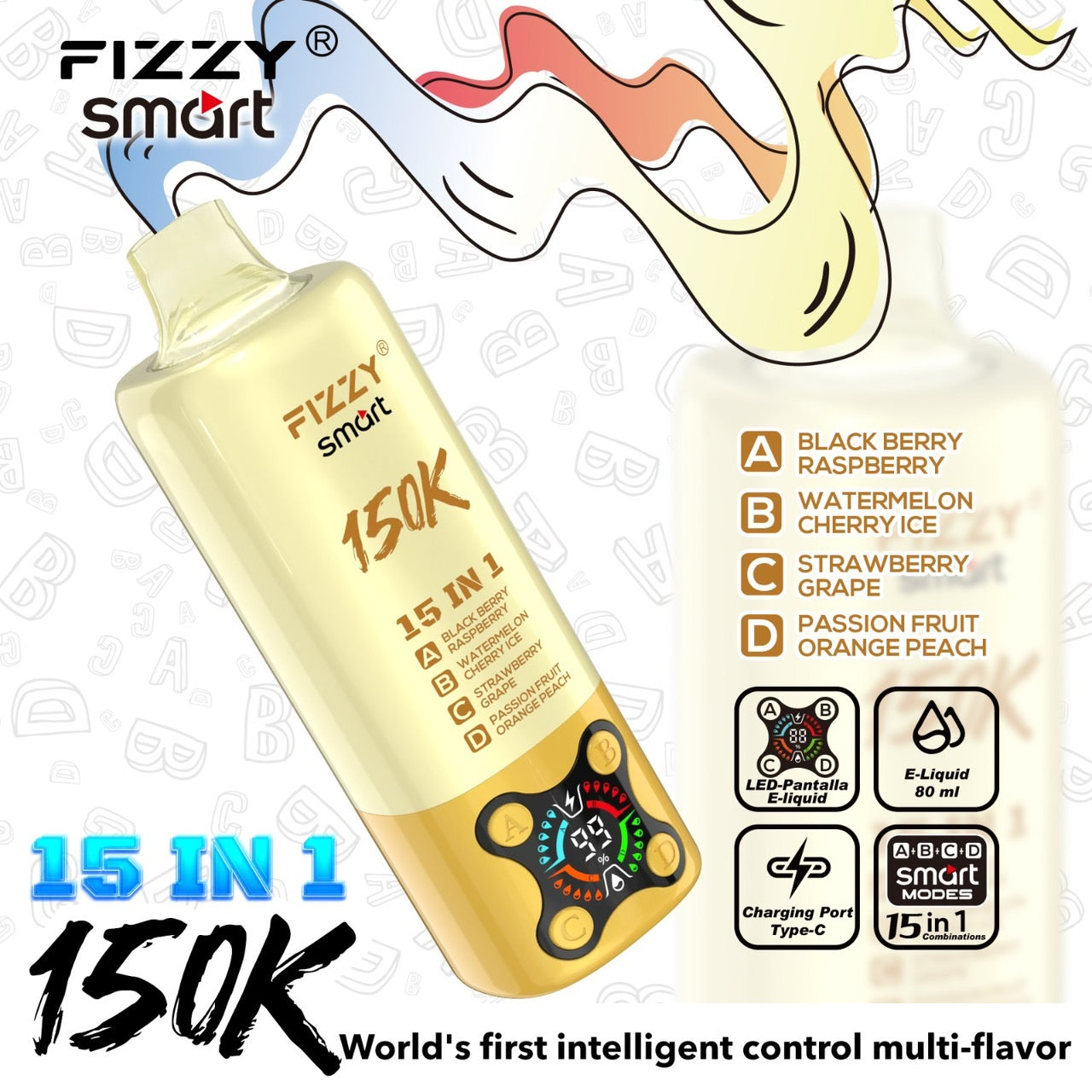 Fizzy smart 150000Puffs(15in1) – (ブラックベリーラズベリー × ウォーターメロンチェリーアイス × ストロベリーグレープ × パッションフルーツオレンジピーチ)