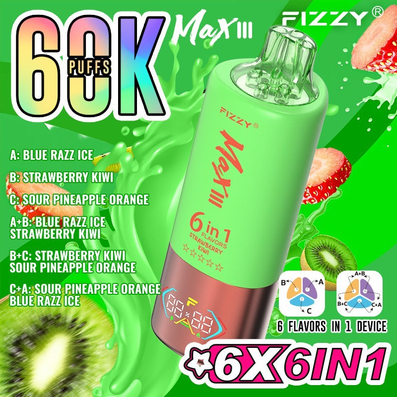 Fizzy Max III 60000 Puffs(6in1) – (ブルーラズアイス × ストロベリーキウイ × サワーパイナップルオレンジ)