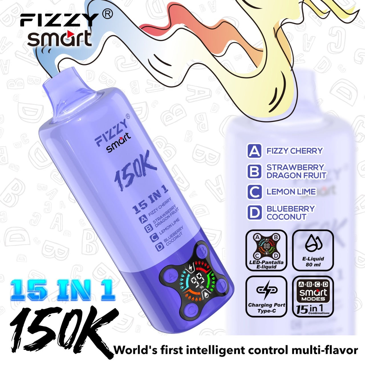 Fizzy smart 150000Puffs(15in1) – (フィジーチェリー × ストロベリードラゴンフルーツ × レモンライム × ブルーベリーココナッツ)