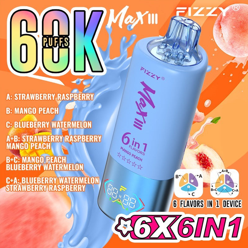 Fizzy Max III 60000 Puffs(6in1) – （ストロベリーラズベリー × マンゴーピーチ × ブルーベリーウォーターメロン）