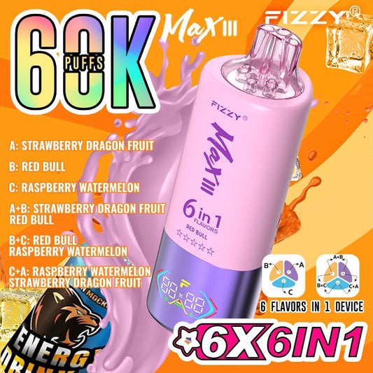Fizzy Max III 60000 Puffs(6in1) – （ストロベリードラゴンフルーツ × レッドブル × ラズベリーウォーターメロン）