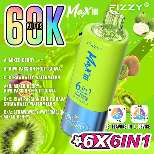 Fizzy Max III 60000 Puffs(6in1) – （ミックスベリー × キウイパッションフルーツグアバ × ストロベリーウォーターメロン）