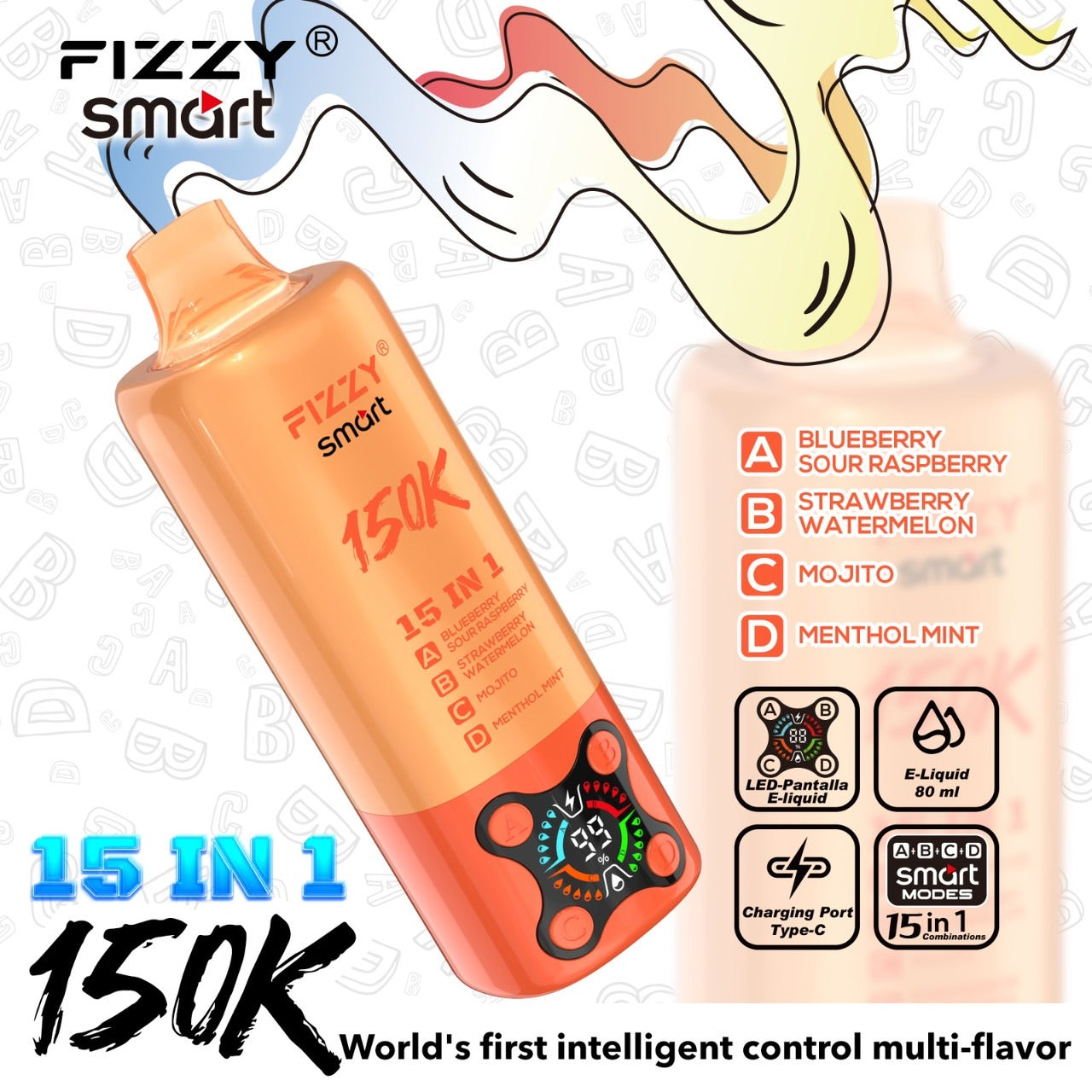 Fizzy smart 150000Puffs(15in1) – （ブルーベリーサワーラズベリー × ストロベリーウォーターメロン × モヒート × メンソールミント）