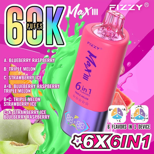 Fizzy Max III 60000 Puffs(6in1) – （ブルーベリーラズベリー × トリプルメロン × ストロベリーアイス）