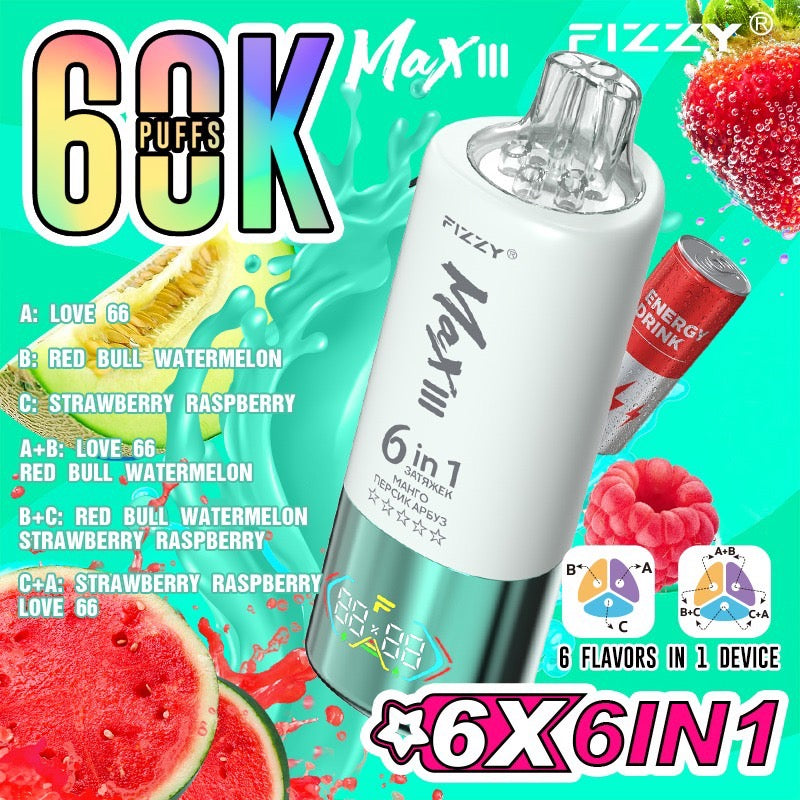 Fizzy Max III 60000 Puffs(6in1) – （ラブ66 × レッドブルウォーターメロン × ストロベリーラズベリー）