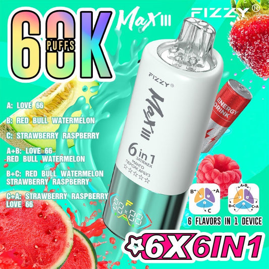 Fizzy Max III 60000 Puffs(6in1) – （ラブ66 × レッドブルウォーターメロン × ストロベリーラズベリー）