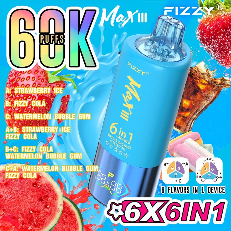 Fizzy Max III 60000 Puffs(6in1) – （ストロベリーアイス × フィジーコーラ × ウォーターメロンバブルガム）