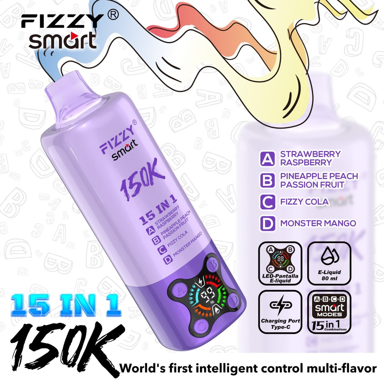 Fizzy smart 150000Puffs(15in1) – （ストロベリーラズベリー × パイナップルピーチパッションフルーツ × フィジーコーラ × モンスターマンゴー）