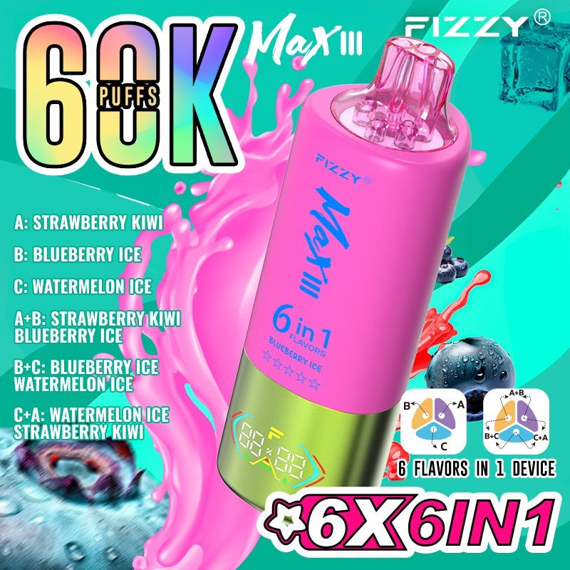 Fizzy Max III 60000 Puffs(6in1) – （ストロベリーキウイ × ブルーベリーアイス × ウォーターメロンアイス）